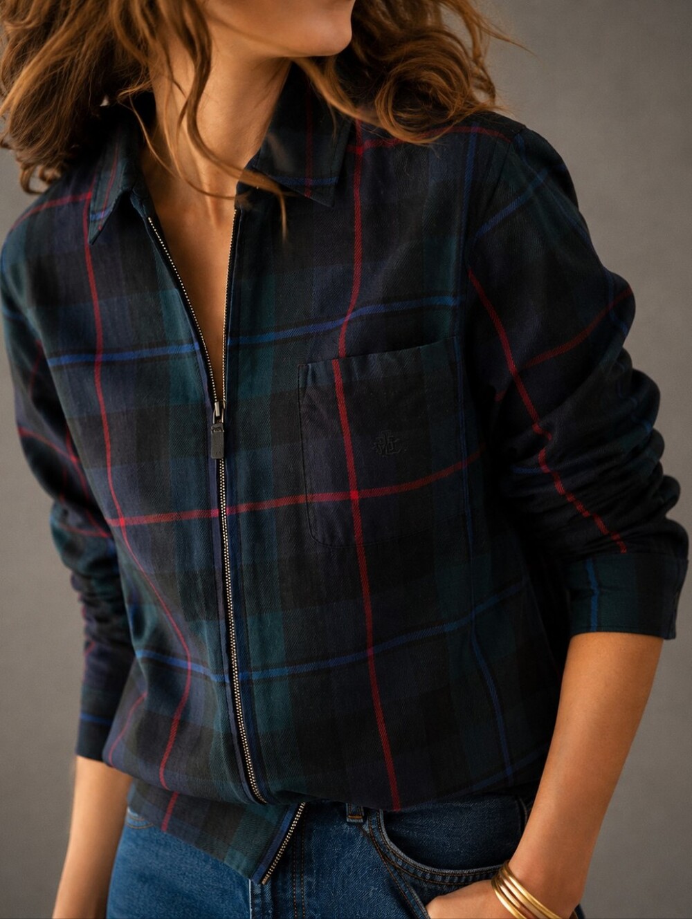 Vintage Lauren Ralph Lauren Wool Plaid Zip Shirt Jacket Womens Size Small